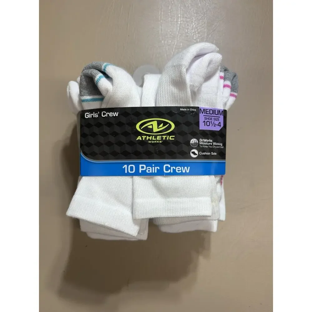 Athletic Works Girl's Crew Socks 10 PAIRS Shoe Size 10.5-4 Cushioned WHITE
